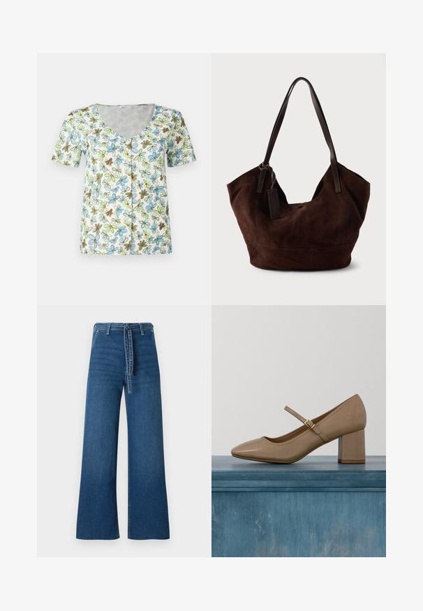 Blumen-T-Shirt mit kurzen Ärmeln, V-Ausschnitt, Knopfleiste und einem weißen Hintergrund mit blauen, grünen und braunen Blumenmustern.; TOM TAILOR DENIM TTMIJA CULOTTE FIT - Flared Jeans - used mid stone blue denim; Beiger Lederschuh mit Blockabsatz, abgerundeter Spitze und dekorativem Riemen mit goldener Schnalle. Glatte Textur, minimalistisches Design.; Braune Wildleder-Handtasche mit einer weichen, lässigen Form. Verfügt über Ledergriffe und einen Etikettenakzent. Schlichte Textur mit geschwungenen Nähten.
