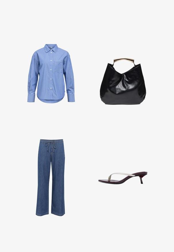 Blau-weiß vertikal gestreiftes Langarmhemd mit Knopfleiste vorne, Brusttasche und klassischem Kragen, dargestellt vor weißem Hintergrund.; Denim weit geschnittene Hosen mit Kordelzug, in einem mittelblauen Farbton, geradem Schnitt und subtilen Nähdetails.; Seitenansicht einer dunkelvioletten Sandale mit dünnem beigen Zehenriemen und niedrigem Kittenabsatz.; Schwarze glänzende Lederhandtasche mit einem gebogenen, goldfarbenen Metallgriff, weichem, lässigem Körper und schlichtem, ungeschmücktem Design.