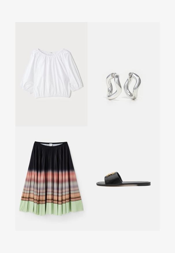 Blusa blanca y ligera con escote redondo, mangas abullonadas de tres cuartos y cintura elástica, que presenta una textura suave y brillante.; Falda plisada en negro con un degradado ombré que va del naranja al verde menta en el dobladillo, con detalles de rayas coloridas.; Sandalias de cuero negro tipo slide con Punta Abierta, suela plana y un acento dorado decorativo en la parte superior. Textura suave con diseño minimalista.; Pendientes de aro plateados con un diseño retorcido. Bordes redondeados y acabado brillante. Cierres abiertos para un fácil uso. Textura suave en toda la superficie.