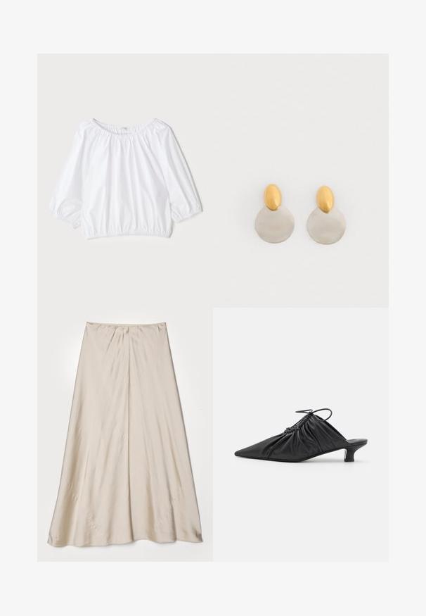 Blusa blanca y ligera con escote redondo, mangas abullonadas de tres cuartos y cintura elástica, que presenta una textura suave y brillante.; Falda de satén beige con silueta acampanada. Presenta una cinturilla fruncida y un ligero brillo, con costuras en ángulo y un caído fluido.; Mules negros de cuero sin hebillas con punta afilada, textura recogida y un pequeño tacón de gato. Presentan un detalle de cordón en la abertura.; Pendientes de metal dorado y plateado con base de disco redondo y pieza superior ovalada, textura suave y acabado pulido.