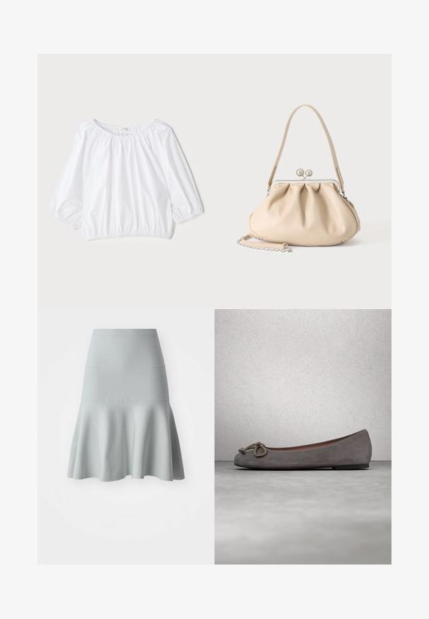 Blusa blanca y ligera con escote redondo, mangas abullonadas de tres cuartos y cintura elástica, que presenta una textura suave y brillante.; Falda acampanada de color azul claro hecha de una tela texturizada. Presenta una cintura ajustada y un dobladillo suave y ondulado. Diseño simple sin patrones.; Bailarinas de ante gris con puntera redonda, adorno de cuerda anudada y un sutil ribete en contraste a lo largo del borde. Suela plana y flexible.; Bolso de mano de cuero suave beige con cierre de marco metálico plateado, una correa para el hombro y una correa de cadena opcional sobre un fondo blanco.