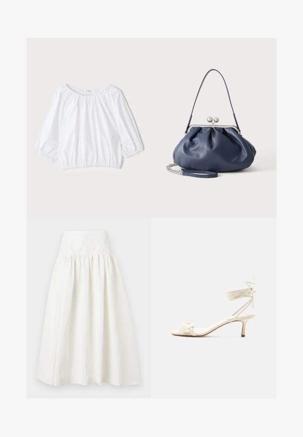 Blouse blanche légère avec un col rond, des manches bouffantes trois-quarts et une taille élastiquée, présentant une texture lisse et brillante.; Jupe midi blanche taille haute avec un tissu froncé sous la ceinture et une silhouette évasée et fluide.; Sandale à talon bas de couleur crème avec des liens à nouer autour de la cheville et une large bride torsadée sur les orteils, sur un fond blanc uni.; Sac à main en cuir bleu marine doux avec fermeture à boucle argentée, une seule bandoulière, et une chaîne de poignet amovible sur fond blanc.