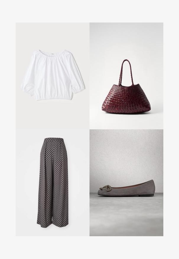 Blusa blanca y ligera con escote redondo, mangas abullonadas de tres cuartos y cintura elástica, que presenta una textura suave y brillante.; Pantalones de pierna ancha hechos de tela estampada, con una combinación de colores gris y crema y un diseño geométrico de diamante, además de una cintura alta.; Bailarinas de ante gris con puntera redonda, adorno de cuerda anudada y un sutil ribete en contraste a lo largo del borde. Suela plana y flexible.; DRAGON DIFFUSION SANTA CROCE BIG - Bolso de mano - bordo