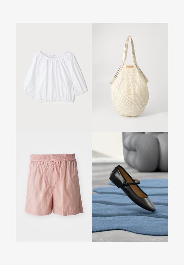 Blouse blanche légère avec un col rond, des manches bouffantes trois-quarts et une taille élastiquée, présentant une texture lisse et brillante.; Shorts rose clair avec des rayures verticales rouges et blanches. Taille élastique ; coupe décontractée ; texture lisse avec un minimum de détails.; Chaussure Mary Jane en cuir noir avec bride à boucle, posée sur un tapis bleu texturé, avec un canapé gris capitonné flou en arrière-plan.; Sac en filet couleur crème avec un design tissé texturé et des anses dorées brillantes. Une étiquette en cuir avec le logo de la marque est attachée en haut.