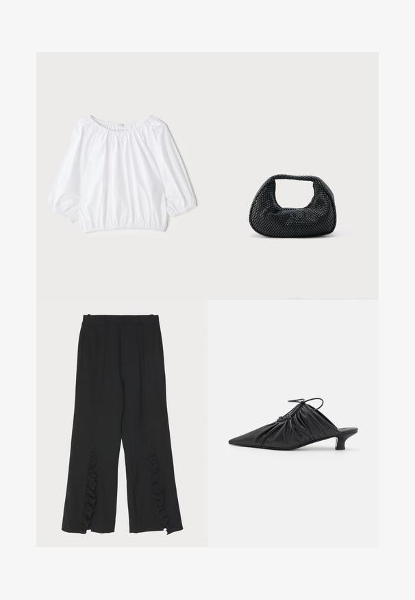 Blusa blanca y ligera con escote redondo, mangas abullonadas de tres cuartos y cintura elástica, que presenta una textura suave y brillante.; Pantalones negros con un diseño de pierna ancha, que presentan acentos de volantes en las costuras laterales y una cinturilla plana. Textura de tela suave, corte a medida.; Mules negros de cuero sin hebillas con punta afilada, textura recogida y un pequeño tacón de gato. Presentan un detalle de cordón en la abertura.; Bolso hobo tejido negro con estructura suave y asa integrada, exhibido sobre un fondo liso y claro.