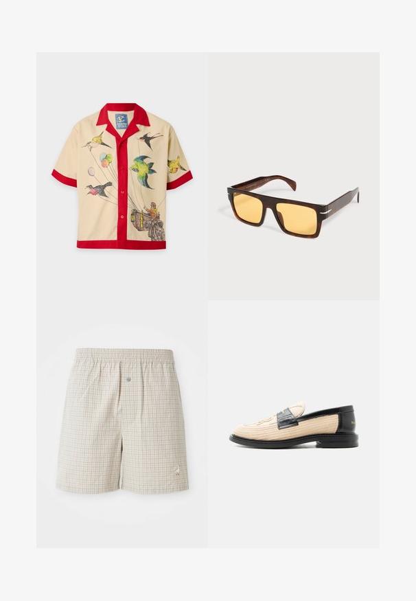 Beige shirt met korte mouwen, rode kraag en bies, met kleurrijke vogels, ballonnen en een persoon in een mand die vastgehouden wordt door de vogels.; Lichtbeige geruite shorts met een zachte textuur, elastische tailleband en een decoratieve witte gans borduursel nabij de zoom.; Beige geweven loafer met zwarte leren afwerking, afgeronde neus, zwarte zool en decoratief gestikt patroon aan de bovenzijde.; Rechthoekige zonnebril met schildpaddessin, brede monturen en geel getinte glazen op een witte achtergrond.