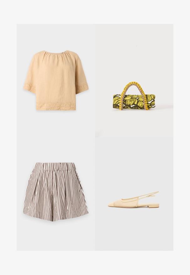 Blouse beige à manches courtes avec encolure ronde et motif de boucles brodées le long de l’ourlet et des bords des manches.; Shorts rayés marron et blanc taille haute avec plis, une large ceinture élastique et une silhouette en ligne A.; Chaussure plate slingback en beige clair avec une tige en maille, un bout pointu et un petit talon. Dotée d'une sangle ajustable pour un bon maintien.; Sac rectangulaire avec motif floral jaune et noir et anse tressée jaune et rose sur fond blanc.
