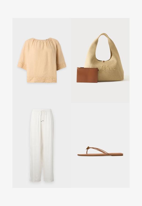 Blouse beige à manches courtes avec encolure ronde et motif de boucles brodées le long de l’ourlet et des bords des manches.; Pantalons blancs légers et amples avec une taille élastique et un cordon de serrage. Présente un subtil éclat et un design à jambe droite.; Sandale plate beige avec fines doubles lanières sur le doigt de pied et le côté, ornée d'un petit élément décoratif métallique près de la bride entre les orteils.; Sac à main tissé beige Marc Jacobs avec grande poignée et nom de marque embossé, à côté d'une petite pochette en cuir marron avec fermeture éclair.