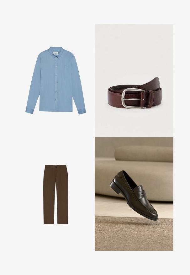 Himmelblaues Langarmhemd mit Button-Down-Kragen, schlankem Design und gesticktem Logo auf der Brust. Verfügt über metallische Knöpfe.; Braune, gerade geschnittene Hosen aus strukturiertem Stoff. Sie verfügen über einen vorderen Knopfverschluss und Gürtelschlaufen. Keine sichtbaren Taschen oder Muster.; Schwarzer Leder-Slipper, der über einem beigen Teppich schwebt, mit einem beigen Sofa im Hintergrund, und zeigt das klassische Herren-Design zum Hineinschlüpfen.; Brauner Ledergürtel mit strukturierter Oberfläche, ausgestattet mit einer silbernen Metallschnalle und einer einzelnen Schlaufe zur Anpassung. Gewebtes Design in der Nähe der Schnalle.