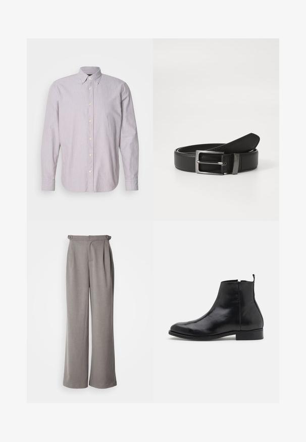 Chemise à manches longues en coton, rayée violet clair et blanc, avec un col boutonné, des boutons jaunes et des fentes sur les côtés.; Pantalons larges gris clair en tissu tissé. Comprend des plis à la taille et des passants pour ceinture. Texture lisse et design à longueur complète.; Zign by Zalando Bottines - black; Ceinture en cuir noir avec une boucle en métal argenté, présentant une finition lisse et un design classique. La ceinture est soigneusement pliée.