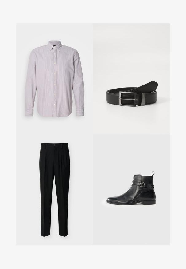 Chemise à manches longues en coton, rayée violet clair et blanc, avec un col boutonné, des boutons jaunes et des fentes sur les côtés.; Pantalon noir taille haute, ajusté, avec passants de ceinture, plis à l'avant, poches latérales et fermeture boutonnée avec zip.; Bottes en cuir noir à talon, avec un bout rond, un détail de boucle sur le côté, et une languette à l'arrière. Semelle plate avec une finition légèrement brillante.; Ceinture en cuir noir avec une boucle en métal argenté, présentant une finition lisse et un design classique. La ceinture est soigneusement pliée.