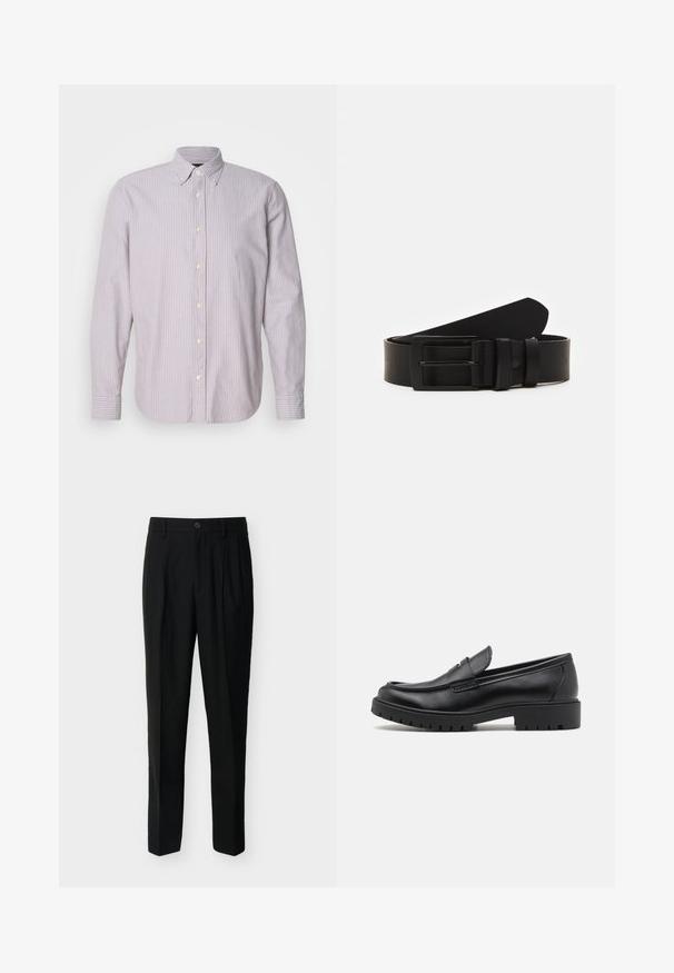 Chemise à manches longues en coton, rayée violet clair et blanc, avec un col boutonné, des boutons jaunes et des fentes sur les côtés.; Pantalon noir taille haute, ajusté, avec passants de ceinture, plis à l'avant, poches latérales et fermeture boutonnée avec zip.; Mocassins en cuir noir avec un bout arrondi, un design à enfiler et une semelle en caoutchouc épaisse avec une texture antidérapante. Talon surélevé et détails de surpiqûre subtils.; Ceinture en cuir noir roulée avec une boucle en métal rectangulaire noir mat et deux passants sur fond blanc.