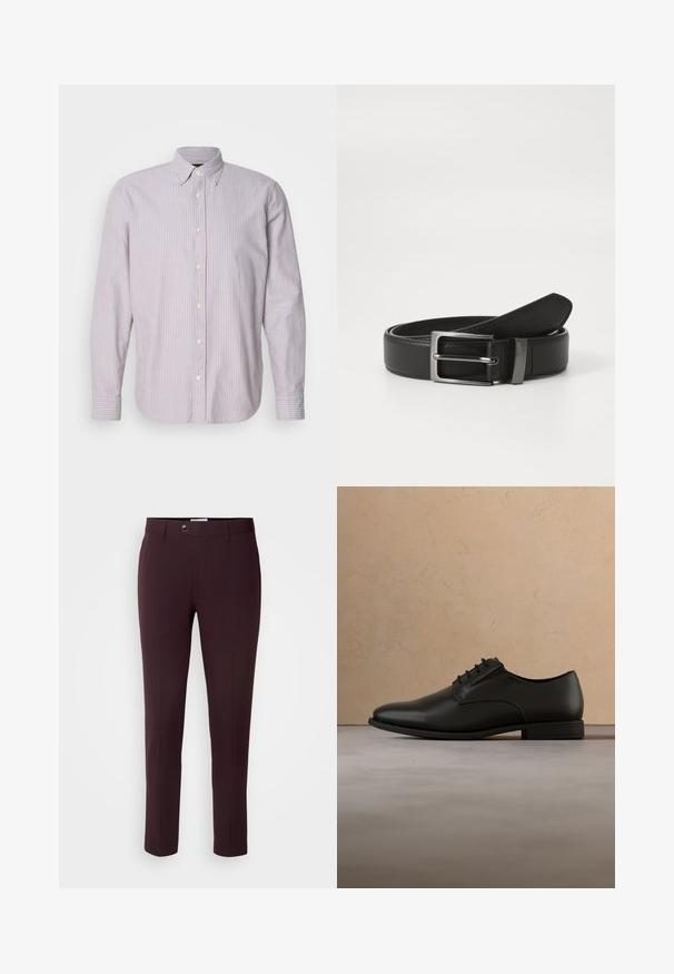 Skjorte med knapper i lys lilla og hvide striber, lavet af bomuldsstof, lange ærmer og en nedknappet krave, med gule knapper og slidser i siden.; Mørkeburgunder bukser med slim fit, der har knaplukning, bæltestropper og frontfolder. Glat stof med et glat design.; Sort læder Oxford-formel sko med snørebånd, placeret i luften over et beige tæppe i et minimalistisk rum.; Sort læderbælte med en sølvmetal spænde, der har en glat overflade og et klassisk design. Bæltet er pænt foldet.