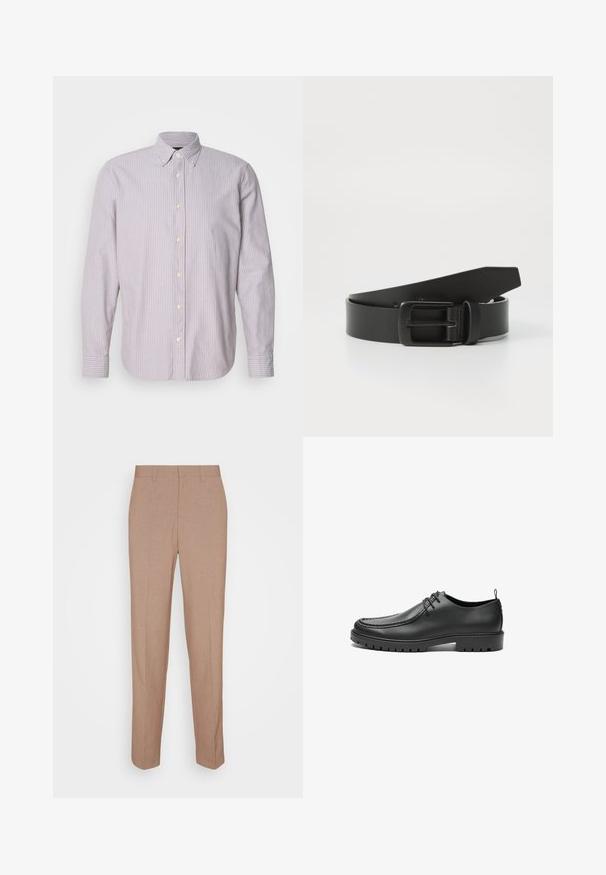 Hemd in helllila und weißen Streifen, aus Baumwollstoff, mit langen Ärmeln und einem Button-Down-Kragen, ausgestattet mit gelben Knöpfen und seitlichen Schlitzen.; Beige, maßgeschneiderte Hose aus glattem, strukturiertem Stoff. Gerade Passform mit Bund, ohne sichtbare Verzierungen oder Taschen.; Schwarze Lederschuhe mit glatter Oberfläche, runder Zehenform und dekorativer Naht. Mit einer Gummisohle mit Traktionsrillen und Schnürdesign.; Schwarzer Leder Gürtel mit einer mattschwarzen Metallschließe, ausgestattet mit einer glatten Textur und einfachem Design. Verstellbare Länge mit zulaufendem Ende.