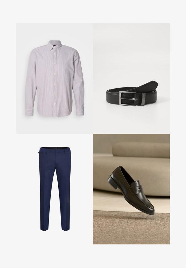 Chemise à manches longues en coton, rayée violet clair et blanc, avec un col boutonné, des boutons jaunes et des fentes sur les côtés.; Pantalons ajustés bleu marine en tissu lisse, avec une coupe slim et un devant plat sans poches visibles ni ornements.; Mocassin en cuir noir flottant au-dessus d'un tapis beige avec un canapé beige en arrière-plan, mettant en valeur le design classique pour hommes sans lacets.; Ceinture en cuir noir avec une boucle en métal argenté, présentant une finition lisse et un design classique. La ceinture est soigneusement pliée.
