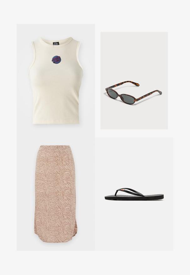 Cremfarbener gerippter ärmelloser Tanktop mit Rundhalsausschnitt, vorne mit einem gestickten „Santa Cruz“-Logo in Pink und Blau.; Beige Midikleid mit abstraktem Blumen- und Zebra-Muster, mit abgerundetem Saum und weichem, leichtem Stoff.; Schwarze Flip-Flops mit flacher Sohle, dünnen Riemen und strukturiertem Fußbett. Kleines Logo-Detail auf dem Riemen. Einfaches, minimalistisches Design.; Kleine ovale Sonnenbrille mit dunklen Gläsern auf einer hellgrauen Oberfläche liegend.
