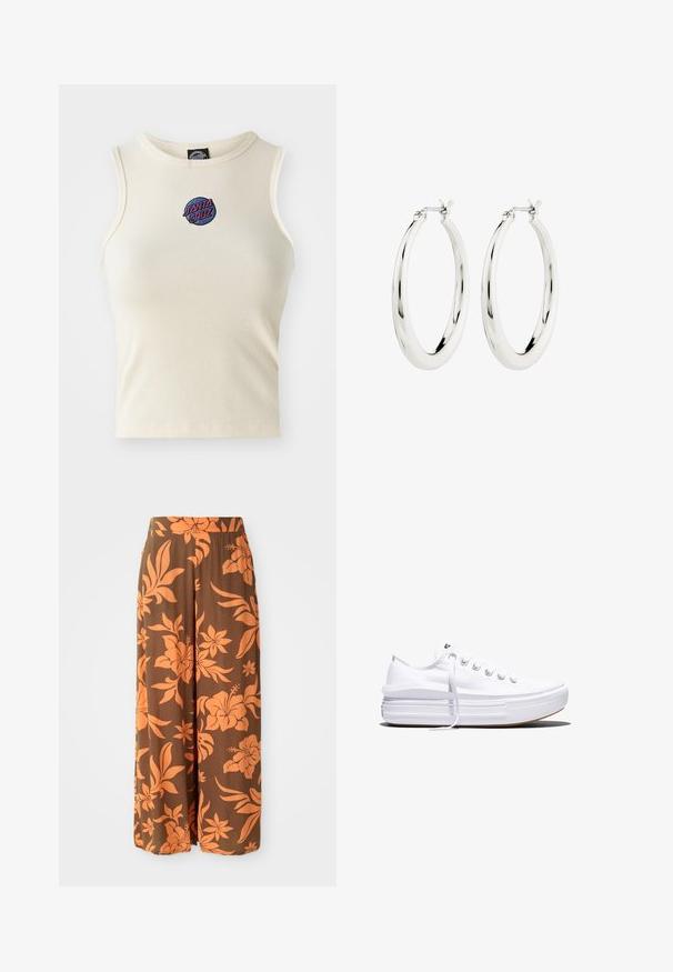 Creme ribbet tanktop med rund hals og uden ærmer, med et broderet "Santa Cruz" logo i pink og blå på forsiden.; Brune brede bukser med et orange blomstermønster. Glat tekstur med høj talje og sidelommer. Afslappet og let design.; Hvid lavt snørestøvle med tyk plateau-sål, snørelukning foran og gummiforstærket tåkap, set i sideprofil.; Sølvøreringe i form af hoops med en glat, blank finish. Cirkulær form, der har en sikker lås. Simpelt og elegant design.