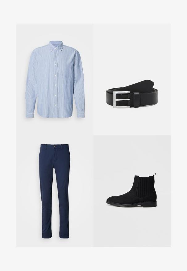 Camisa de botones en azul claro con rayas blancas, que presenta un cuello clásico y mangas largas. Confeccionada en tejido tejido con una textura suave.; Pantalones azul marino de tela suave, con un diseño de pierna recta, cierre de cremallera y un único bolsillo frontal con cierre de botón.; Botín Chelsea negro de ante con paneles laterales elásticos, puntera redondeada, textura sutil y tira en la parte trasera. Suela de goma plana.; Cinturón de cuero negro con una textura lisa, hebilla rectangular de plata y un lazo para el extremo. Presenta una costura ordenada a lo largo de los bordes.