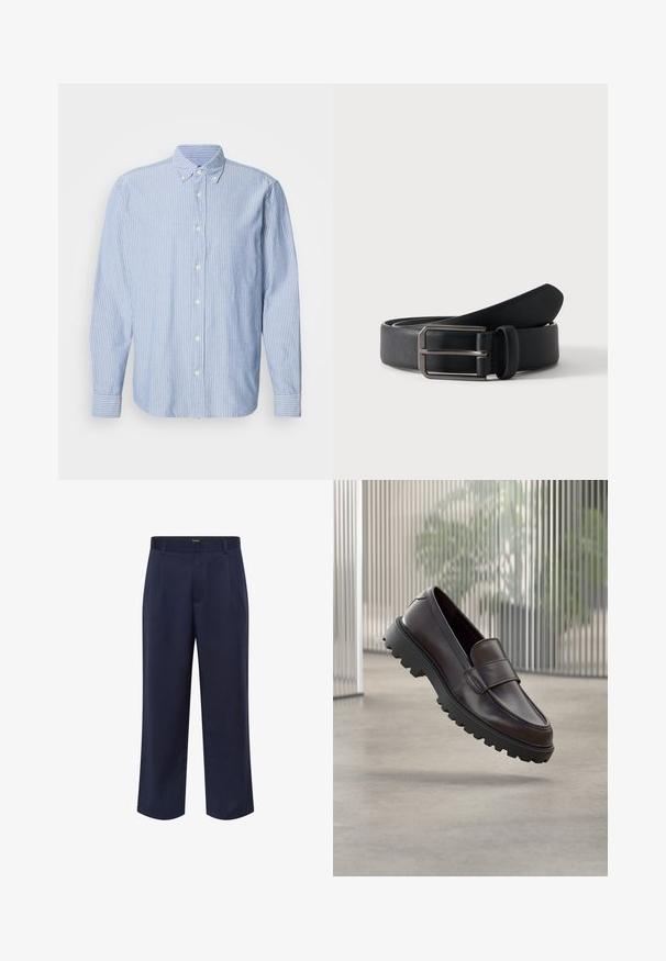 Chemise à boutons en bleu clair avec des rayures blanches, dotée d'un col classique et de manches longues. Fabriquée en tissu tissé avec une texture lisse.; Pantalon ajusté bleu marine en tissu léger. Doté d'une jambe droite et cropped, de passants de ceinture et de poches latérales.; Chaussure à enfiler en cuir marron avec un bout rond et une semelle en caoutchouc noire robuste. Présente une bride décorative traversant le coup de pied.; Ceinture en cuir noir roulée avec une boucle métallique argentée rectangulaire sur un fond clair uni.