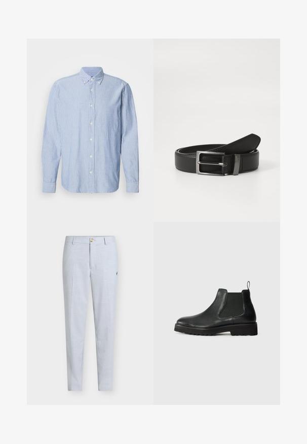 Chemise à boutons en bleu clair avec des rayures blanches, dotée d'un col classique et de manches longues. Fabriquée en tissu tissé avec une texture lisse.; Pantalon bleu clair en tissu texturé, présentant une coupe droite, une fermeture à boutons et un petit motif brodé sur le côté.; Bottine Chelsea noire en cuir avec un panneau latéral élastique, bout arrondi, semelle texturée et petite languette au talon.; Ceinture en cuir noir avec une boucle en métal argenté, présentant une finition lisse et un design classique. La ceinture est soigneusement pliée.
