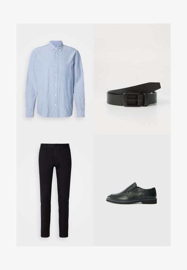 Chemise à boutons en bleu clair avec des rayures blanches, dotée d'un col classique et de manches longues. Fabriquée en tissu tissé avec une texture lisse.; Pantalons noirs en coton lisse, avec une coupe droite, des poches avant, une fermeture à bouton et une finition soignée.; Chaussure slip-on en cuir noir avec une tige lisse, des accents cousus, un bout arrondi et un petit talon en caoutchouc. La semelle présente un profil de traction minimal.; Ceinture en cuir noir avec une boucle en métal noir mat, présentant une texture lisse et un design simple. Longueur réglable avec une extrémité effilée.