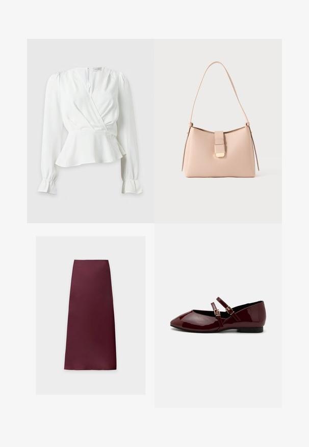 Blouse blanche à manches longues avec devant portefeuille, bas peplum et épaules légèrement bouffantes, affichée sur un fond clair uni.; Jupe midi droite de couleur bordeaux foncé unie, en tissu lisse sans motifs ni ornements visibles.; Anna Field by Zalando Babies - dark red; Sac à main rose clair avec une forme incurvée, fabriqué en matériau texturé. Doté d'une sangle plate et d'un détail de fermeture à rabat dorée sur le devant.