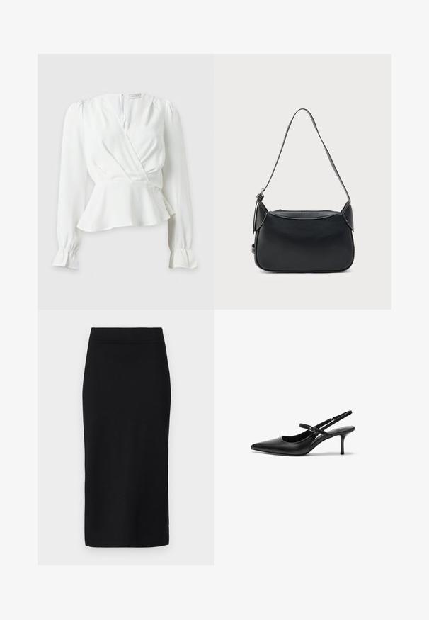 Blusa blanca de manga larga con diseño cruzado en el frente, bajo peplum y hombros ligeramente abullonados, mostrada sobre un fondo claro y liso.; Falda negra hasta la rodilla hecha de una tela suave, con un diseño ajustado, una cinturilla discreta y sin cierres o bolsillos visibles.; Zapatos de tacón slingback de cuero negro con punta afilada, correa ajustable delgada y un tacón de aguja de aproximadamente 5 cm, textura suave.; Bolso de hombro de cuero negro con textura suave, forma redondeada y una correa delgada. Cuenta con cierre de cremallera y detalles mínimos de herrajes.