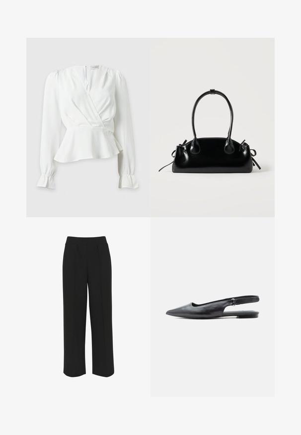 Blusa blanca de manga larga con diseño cruzado en el frente, bajo peplum y hombros ligeramente abullonados, mostrada sobre un fondo claro y liso.; Pantalones de pierna ancha negros con una cinturilla plana, que presentan pliegues delanteros y una textura suave. Sin bolsillos ni herrajes visibles.; Zapato plano de piel negra con punta puntiaguda, talón bajo y tira ajustable en el talón sobre fondo claro.; Pequeño bolso negro brillante con dos asas largas y detalles de cordón lateral sobre un fondo claro liso.