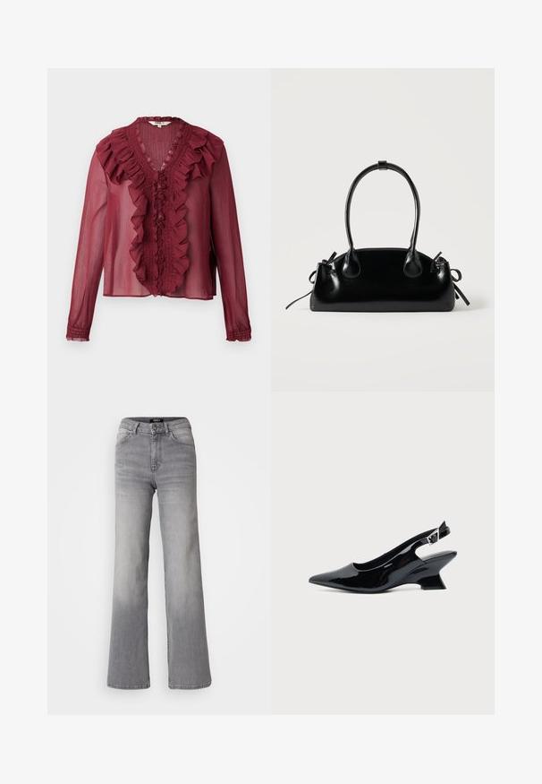 Bordeaux transparante blouse met lange mouwen, gerimpelde kraag en voorlijn details. Zacht materiaal met een lichte, vloeiende textuur.; Grijs denim jeans met hoge taille en rechte pijpen, voorzien van een knoop en ritssluiting aan de voorkant, voor- en achterzakken, en een vervaagde schaduw op de dijen en kuiten.; Zwarte lakleren slingback schoen met spitse neus en lage schuine blokhak op een effen lichte achtergrond.; Kleine zwarte glanzende handtas met twee lange hengsels en zijkant trekkoord details op een effen lichte achtergrond.