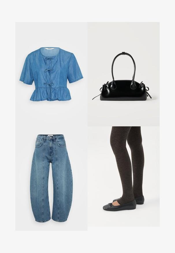 Denimová blúzka s krátkym rukávom, svetlomodrá, s peplum lemom. Má okrúhly výstrih a tri dekoratívne viazania na prednej strane. Mäkkučký materiál.; Svetlomodré vysoké džínsy z denimu, s širokým strihom, piatimi vreckami a detailmi šitia. Hladká textúra s čistým povrchom.; Nohy v tmavých pásikavých legínach v kombinácii s čiernymi balerínkami s malými mašličkami na bielom pozadí.; Malá čierna lesklá kabelka s dvoma dlhými rúčkami a bočnými šnúrkovými detailmi na jednoduchom svetlom pozadí.