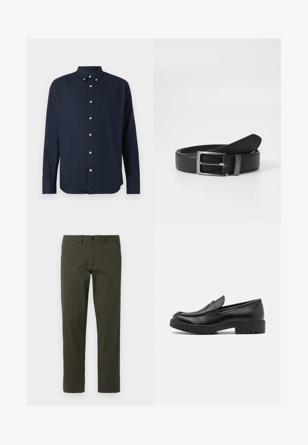 Camisa de botones azul marino de manga larga, con cuello, placket frontal con botones y un bolsillo en el pecho. Fabricada con una tela suave.; Pantalones rectos de color verde oliva, hechos de una mezcla de algodón. Cuentan con cremallera, trabillas para cinturón y dos bolsillos laterales. Textura suave.; Mocasines de cuero negro con punta redondeada, diseño sin cordones y suela de goma gruesa con agarre texturizado. Tacón elevado y detalles de costura sutiles.; Cinturón de cuero negro con hebilla de metal plateada, que presenta un acabado suave y un diseño clásico. El cinturón está neatly doblado.