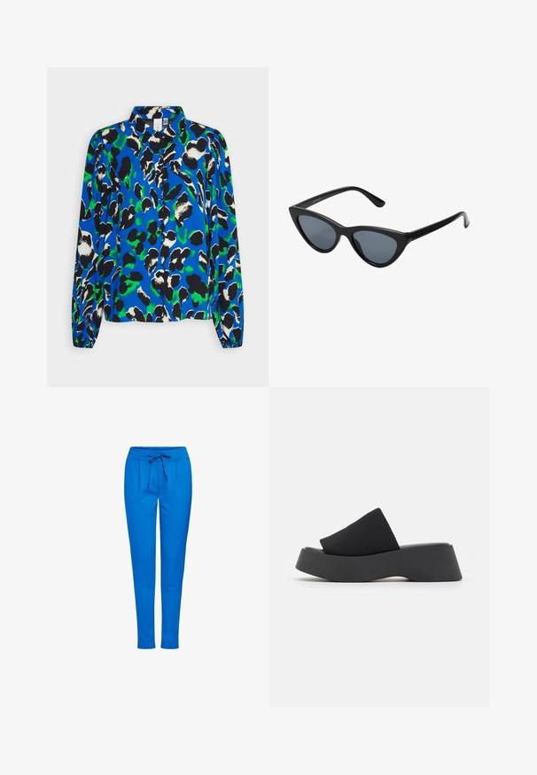 YAS YASMANHATTAN SCALLOP - Hemdbluse - princess blue; Blaue Jogginghose aus weichem Stoff, mit einem elastischen Bund und Kordelzug, zwei Fronttaschen und einem schmal zulaufenden Bein.; Call it Spring VENISE B.E.D FOAM - Pantolette hoch - black; Schwarze Cat-Eye-Sonnenbrille mit dunkelgrauen Gläsern, schlankem Kunststoffrahmen, spitzen Ecken und geraden Bügeln. Keine sichtbaren Befestigungen oder Akzente.