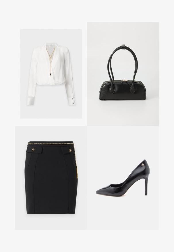 Blusa blanca de manga larga cruzada con un collar de cadena dorada que presenta un colgante de candado y llave colgando en la parte delantera.; Falda negra ajustada con bolsillos delanteros con solapa, botones decorativos en dorado y un cinturón delgado de cadena dorada con un borlas en el lado derecho.; Zapato de tacón alto de cuero negro con punta puntiaguda, con un diseño recortado y un pequeño detalle de logo dorado en el talón.; Bolso de mano de cuero negro con dos asas alargadas, cierre de cremallera y forma redondeada; textura suave con un acabado ligeramente brillante.