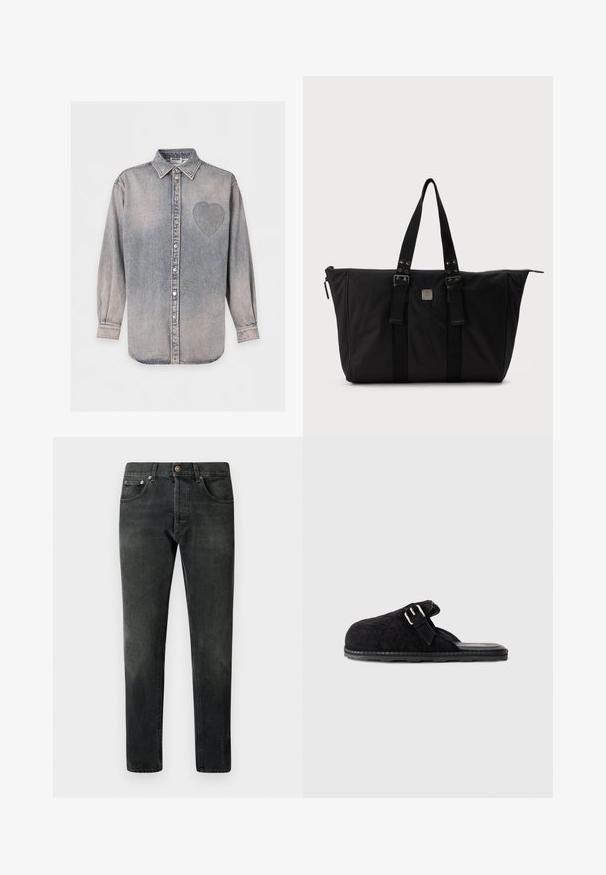 Graues Jeanshemd mit langen Ärmeln, Kragen und einem aufgenähten Herz auf der linken Brustseite.; Schwarze Denim-Jeans mit einem geraden Bein-Design, fünf Taschen und einem Knopfverschluss. Merkmale sind ein verblasster Look und subtile Steppdetails.; Schwarze, gesteppte Riemensandale mit leichtem Design, verstellbarem Riemen mit Schnalle und strukturiertem Sohlenboden für besseren Halt.; Große schwarze Tragetasche mit zwei Griffen, vorderen Schnallen und einer kleinen quadratischen Metall-Logoplatte, gezeigt vor einem schlichten hellen Hintergrund.