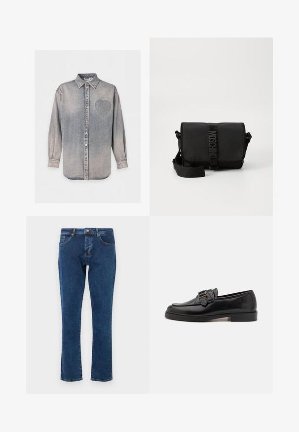 Chemise en denim gris à manches longues, avec un col et un cœur cousu sur le côté gauche de la poitrine.; Jean en denim bleu foncé avec une coupe droite, cinq poches et un bouton métallique à la taille. Texture lisse avec une décoloration minimale.; Mocassins en cuir noir avec un bout arrondi et une boucle décorative. Talon plat, solide et texture lisse sur l'ensemble.; Sac bandoulière noir en nylon avec rabat, doté d'une fermeture à bande logo proéminente, d'une bandoulière réglable et de détails de surpiqûres sur les côtés.