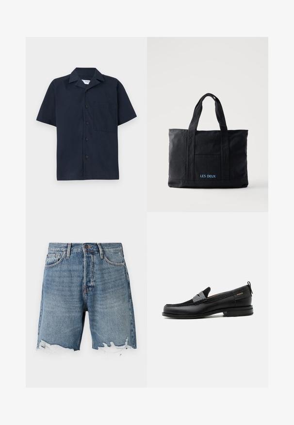 Marineblå kortærmet skjorte lavet af glat stof, med krave, knaplukning og en enkelt brystlomme. Simpelt design uden mønstre.; Lys blå denimshorts med en slidt kant, fem-lomme design og synlig syning. Har en knaplukning i taljen.; Sort læderloafer med grå remdetalje, lav hæl og tekstureret sål, mærket med "HUGO" i guld på siden.; Sort lærredstaske med to håndtag, forlomma og "LES DEUX" broderet i blåt på forlommen.