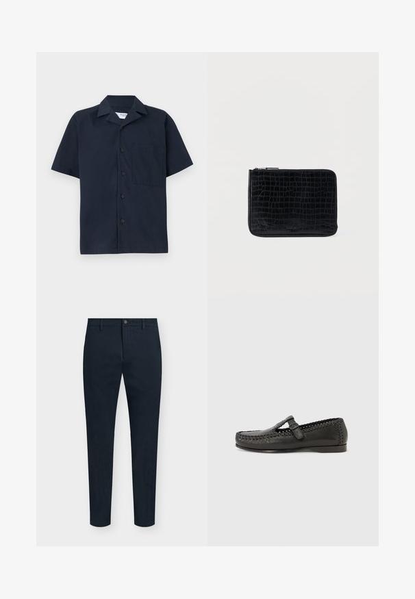 Marineblå kortærmet skjorte lavet af glat stof, med krave, knaplukning og en enkelt brystlomme. Simpelt design uden mønstre.; Marineblå, slim fit herrebukser med frontknap og lynlås, bæltestropper og minimalistisk design.; Sort lædermoccasin med vævet syning langs kanterne og en lille rem over vristen. Lavprofils flad sål.; Sort, tekstureret læderclutch med krokodillemønster, udstyret med lynlåslukning og et slankt, rektangulært design.