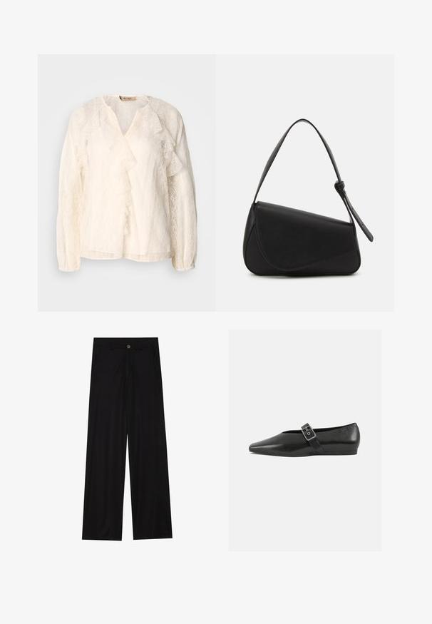 Mos Mosh BLOUSE - Blouse - ecru; Pantalons noirs à jambes larges en tissu lisse, avec poches avant et fermeture à bouton à la taille. Design minimaliste sans motifs.; Chaussure plate en cuir noir avec un orteil pointu, présentant une sangle à boucle métallique sur le cou-de-pied et une semelle basse et flexible.; Sac à main en cuir noir de forme triangulaire, avec un rabat incliné et une poignée supérieure arrondie. Il présente une texture lisse et des détails de design minimalistes.