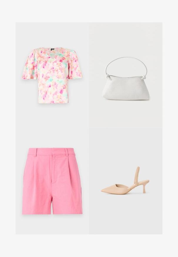 Blouse à imprimé floral dans des tons pastel de rose et de vert menthe, dotée d'un décolleté en V et de manches courtes bouffantes, fabriquée en tissu léger.; Shorts roses en coton avec une texture lisse, dotés de plis, d'une taille élastique et de poches latérales pour plus de fonctionnalité.; Chausson slingback beige à bout pointu avec un petit talon carré. Matériau synthétique lisse, côtés ouverts et détails de design minimalistes.; Sac à main en cuir tressé blanc avec poignée arrondie et extrémités de lanière nouées, présenté sur un fond uni.