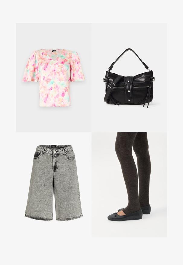 Blomstermønstret bluse i pastelfarverne lys rosa og mintgrøn, med V-hals og korte puffærmer, lavet af letvægtsstof.; Denimshorts i falmet sort med løs pasform, der har høj talje, fem-lomme design og synlige syninger.; Ben iført mørke ribbede leggings kombineret med sorte balletsko med små sløjfedetaljer på hvid baggrund.; Even&Odd H24462 - Håndtasker - black