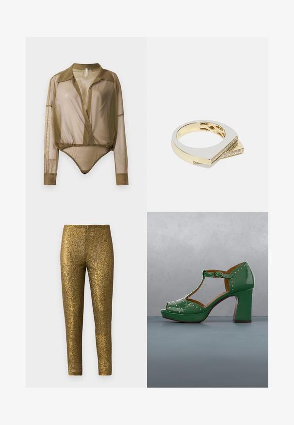 Bodysuit transparente de manga larga en verde oliva, con cuello, escote en V profundo y un ajuste ceñido en la cintura con parte de bodysuit.; Leggings metálicos dorados con un patrón de rayas verticales texturizadas. La tela tiene un acabado brillante y una silueta ajustada y esbelta.; Zapato de salón de charol verde con punta abierta, tira en el tobillo y detalles decorativos con tachuelas; un tacón grueso sostiene un diseño robusto.; Anillo cruzado de oro y plata con un diseño geométrico, textura suave y una fila de pequeñas piedras transparentes en uno de los bordes.