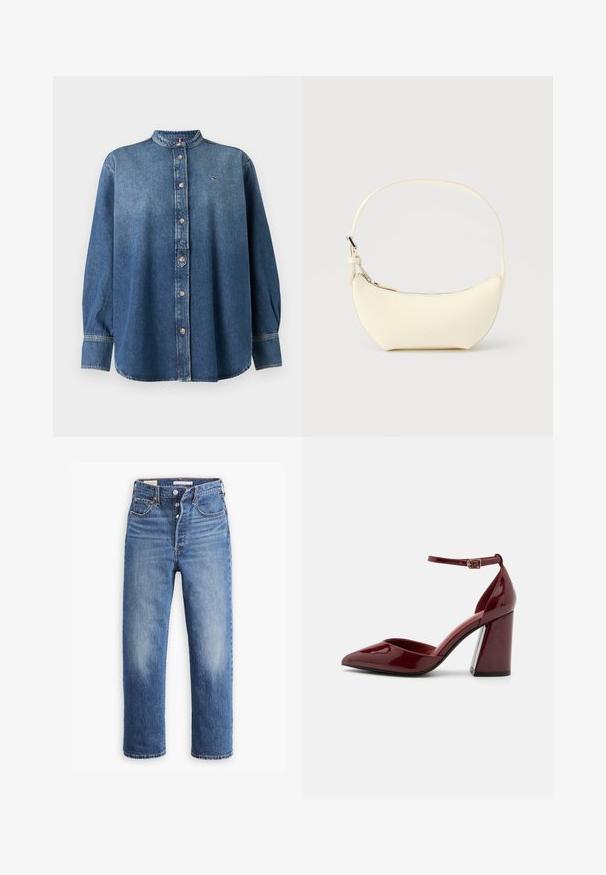 Chemise en denim avec un col rond, des manches longues et une fermeture à boutons, en bleu moyen avec un petit logo près du col.; Jean en denim bleu avec une taille haute, une coupe droite et des zones décolorées. Comprend des poches avant et des accessoires métalliques.; Escarpin en cuir verni bordeaux à talon haut, avec un bout pointu, une bride de cheville et un talon épais. Texture lisse et design élégant.; Petit sac à main en cuir crème en forme de croissant avec une seule bandoulière et une fermeture éclair supérieure sur un fond uni.