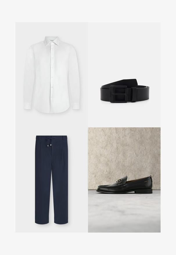 Chemise blanche à manches longues avec boutons, col pointu et poignets boutonnés, présentée à plat sur un fond gris clair.; Pantalon bleu marine à jambes droites avec taille à cordon et tissu texturé, posé à plat sur un fond clair.; Mocassin en cuir noir avec mors en métal doré et logo "HUGO", présenté sur un tapis beige et un meuble translucide marron.; Ceinture en cuir noir à finition mate, présentant une boucle en métal rectangulaire et une texture lisse. Design simple sans motifs ni accents.