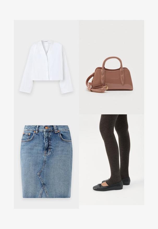 Hvid langærmet cropped jakke med åben front uden synlige knapper eller lukninger, vist på en ensartet lys baggrund.; Denimnederdel i mellemblå med et tætsiddende design, forlommer og skrå sømdetaljer. Standard talje med metalknaplukning.; Ben iført mørke ribbede leggings kombineret med sorte balletsko med små sløjfedetaljer på hvid baggrund.; Skinnende lyserød håndtaske med to øverste håndtag, en aftagelig skulderrem og dekorative syningsdetaljer. Kompakt, struktureret form.