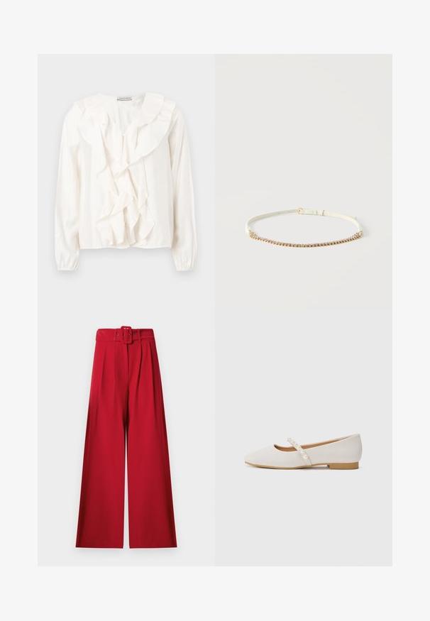 Witte blouse met een gerimpeld voorkantontwerp, zachte stof, lange mouwen en knoopsluitingen. Voorzien van een gestructureerde kraag en gerimpelde manchetten.; Rode wijde broek met een hoge taille, voorplooien en een bijpassende stoffen riem met een rechthoekige gesp.; Platte schoenen van zacht beige materiaal met een puntige neus. Voorzien van een decoratieve band met witte kralenaccenten. Lage hak.; Slanke witte riem met een gouden gesp en een enkele rij kleine fonkelende strass-steentjes aan de voorkant.
