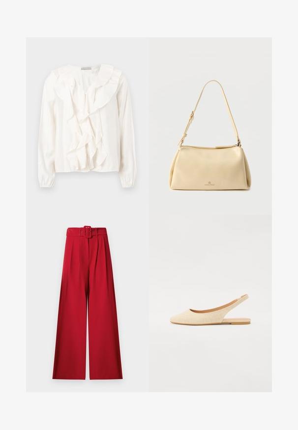 Witte blouse met een gerimpeld voorkantontwerp, zachte stof, lange mouwen en knoopsluitingen. Voorzien van een gestructureerde kraag en gerimpelde manchetten.; Rode wijde broek met een hoge taille, voorplooien en een bijpassende stoffen riem met een rechthoekige gesp.; Beige slingback flats met een puntige neus, gemaakt van textuurstof, met een lage, flexibele zool en een open hielontwerp.; Beige rechthoekige schoudertas met verstelbare riem en ritssluiting, met een klein "Anna Field" logo middenvoor.