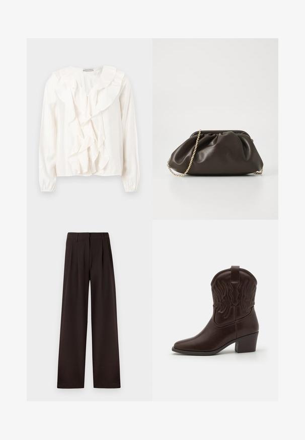 Witte blouse met een gerimpeld voorkantontwerp, zachte stof, lange mouwen en knoopsluitingen. Voorzien van een gestructureerde kraag en gerimpelde manchetten.; Donkerbruine wijde pantalon met plooi en riemlussen, voorzien van een voorrits en een nette zoom tegen een effen achtergrond.; Bruine leren cowboylaarzen met spitse neuzen, geperste vleugelpatronen, een blokhak van gemiddelde hoogte en een lus aan de achterkant.; Bruine leren handtas met een geaccentueerd ontwerp, gouden kettinghengsel en een zachte, textuurafwerking. Compacte vorm geschikt voor avondgebruik.