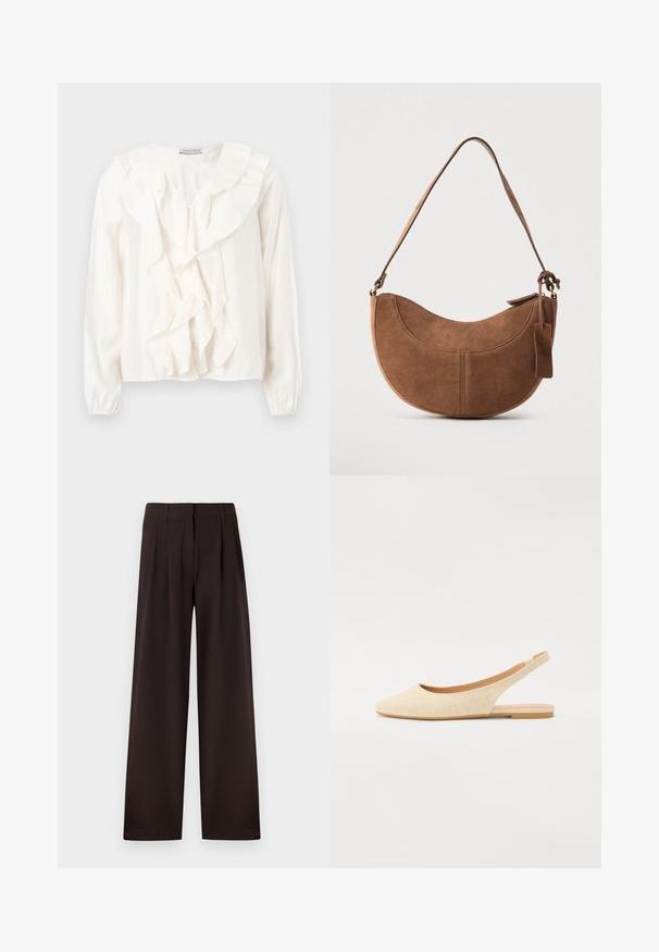 Witte blouse met een gerimpeld voorkantontwerp, zachte stof, lange mouwen en knoopsluitingen. Voorzien van een gestructureerde kraag en gerimpelde manchetten.; Donkerbruine wijde pantalon met plooi en riemlussen, voorzien van een voorrits en een nette zoom tegen een effen achtergrond.; Beige slingback flats met een puntige neus, gemaakt van textuurstof, met een lage, flexibele zool en een open hielontwerp.; Bruine suède handtas met een gebogen, halve maanvorm. Voorzien van een schouderriem, een klein label en zichtbare stiksels langs de randen.