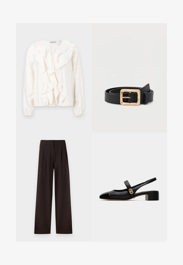 Witte blouse met een gerimpeld voorkantontwerp, zachte stof, lange mouwen en knoopsluitingen. Voorzien van een gestructureerde kraag en gerimpelde manchetten.; Donkerbruine wijde pantalon met plooi en riemlussen, voorzien van een voorrits en een nette zoom tegen een effen achtergrond.; Zwarte leren slingback schoen met een ronde neus, met een glanzende voorkant en een gouden accent op de band, bevestigd met een kleine blokhak.; Zwarte leren riem met een glanzende gouden vierkante gesp, keurig opgerold op een effen witte achtergrond.