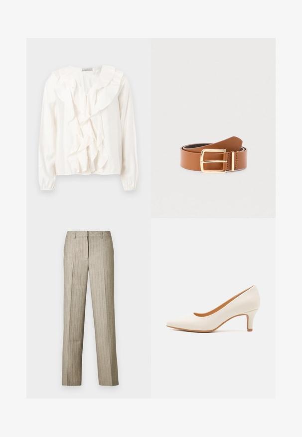 Witte blouse met een gerimpeld voorkantontwerp, zachte stof, lange mouwen en knoopsluitingen. Voorzien van een gestructureerde kraag en gerimpelde manchetten.; Beige pantalon met krijtstrepen en een rechte pijp, voorzien van een gestructureerde tailleband en een subtiele textuur in de stof.; Witte leren hoge hak met een puntige neus en een slanke, licht hellende hak. Gladde textuur met een minimalistisch ontwerp en een tan gekleurde zool.; Bruine riem van synthetisch leer met een rechthoekige gesp van goudkleurig metaal en een gladde textuur. Voorzien van een enkele pen en gaatjes voor aanpassing.